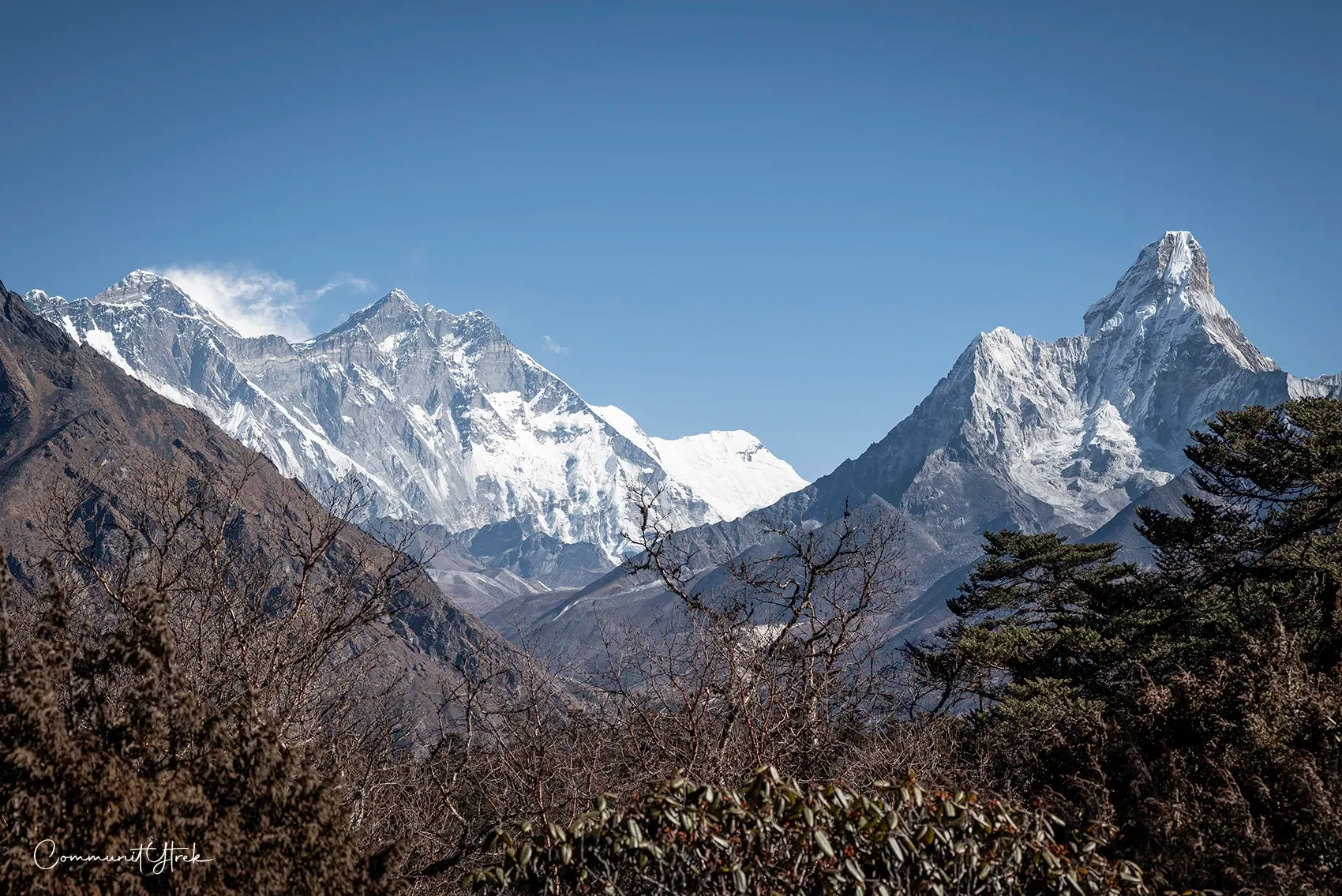 Panoramic view of Mount Everest and the surrounding Himalayan peaks from near Everest View Hotel in the Khumbu region of Nepal.
