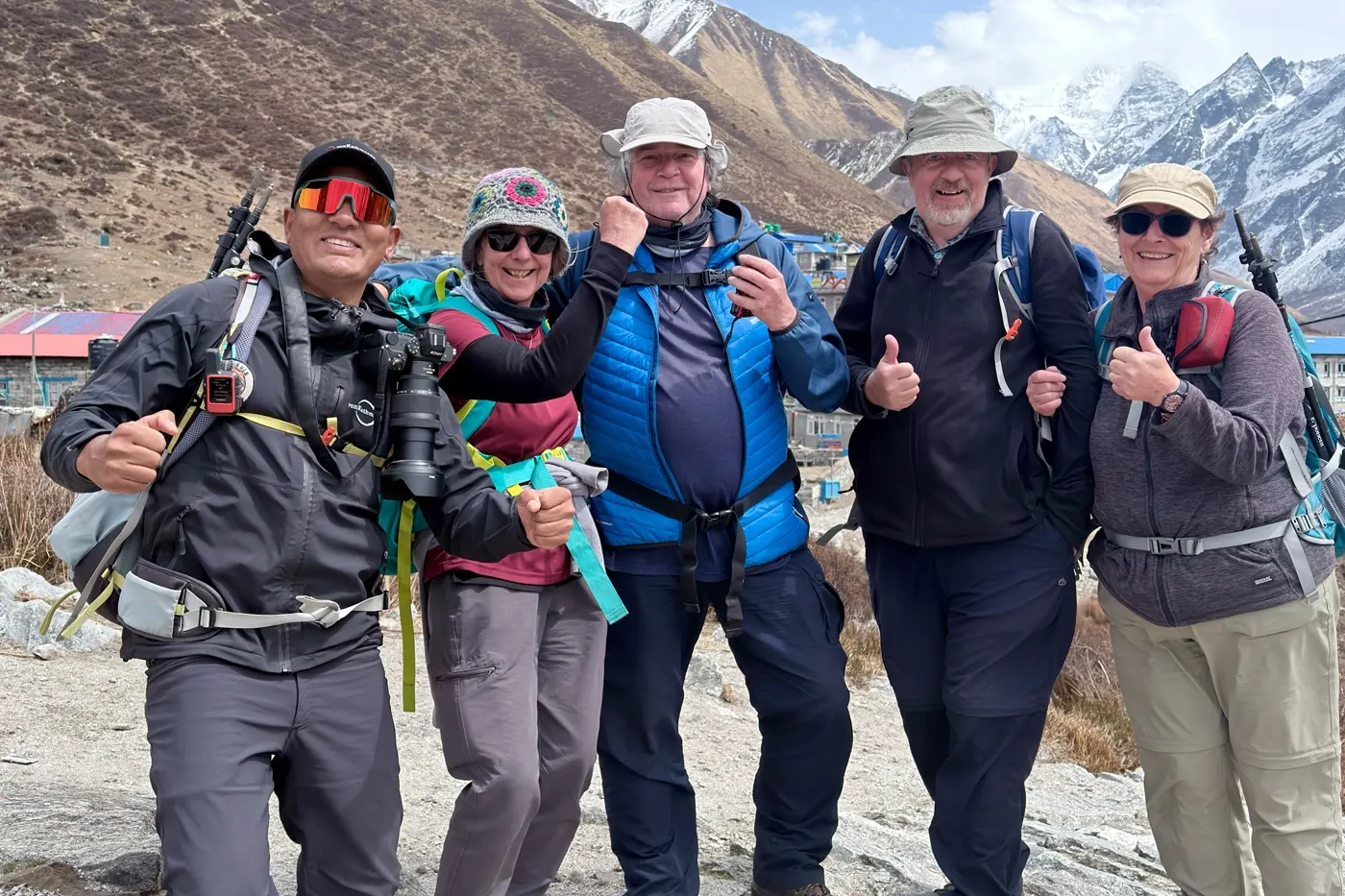 Trekkers in their seventies enjoying the Langtang Valley Trek in Nepal