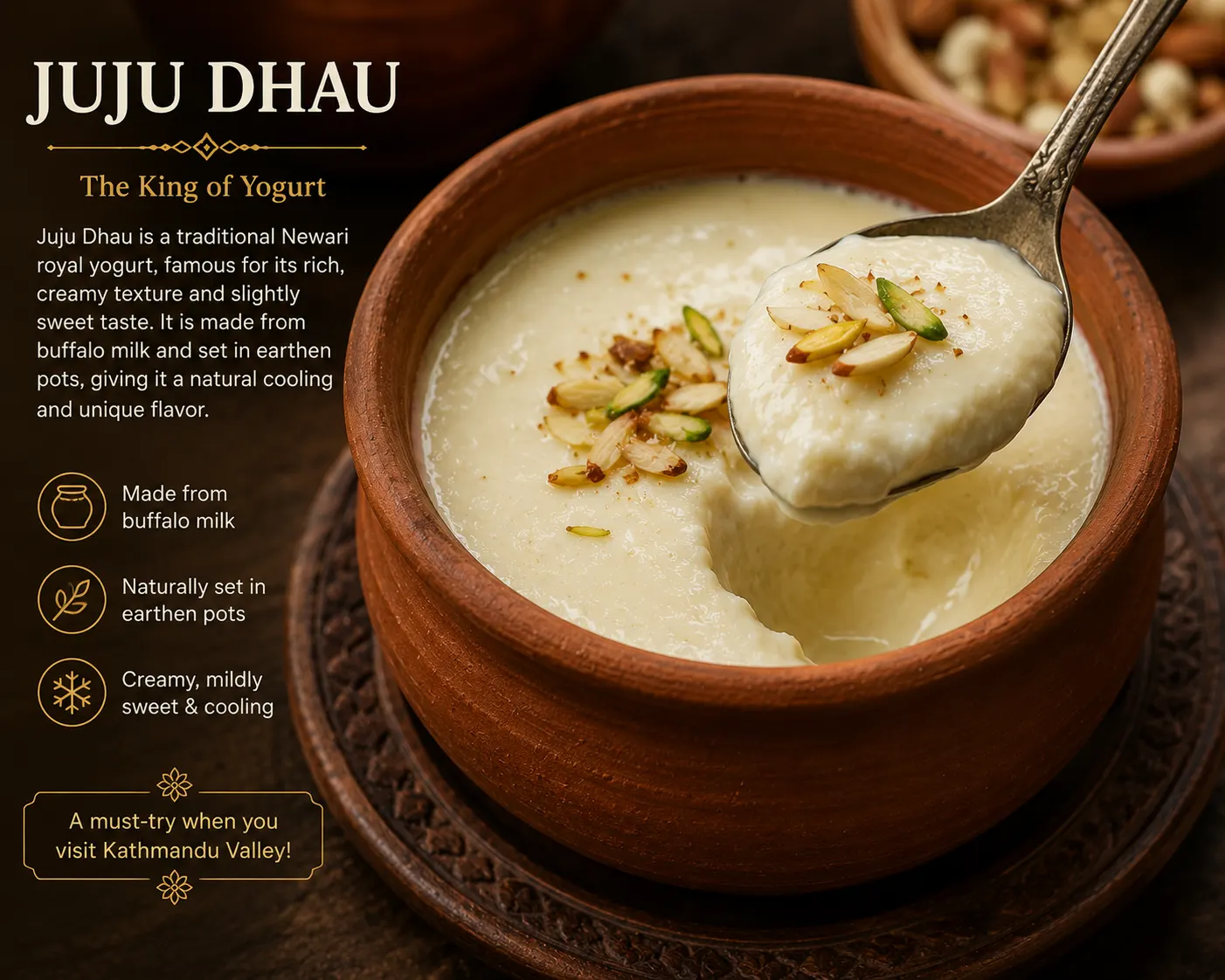 Traditional Bhaktapur Juju Dhau, rich and creamy buffalo-milk yogurt served in a traditional clay pot.