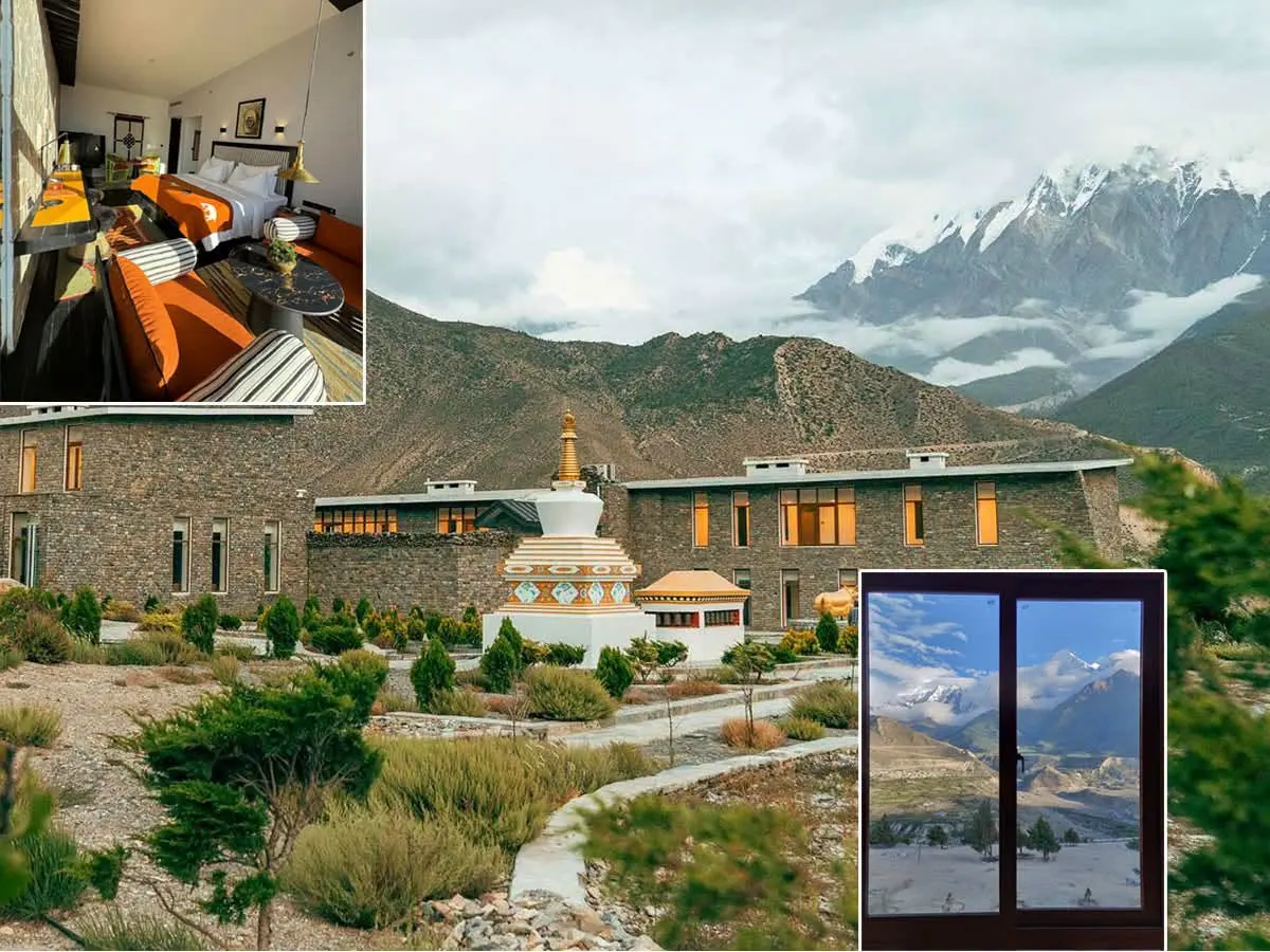 Luxury suites at Shinta Mani Mustang surrounded by the breathtaking Himalayan landscapes of Upper Mustang, Nepal.