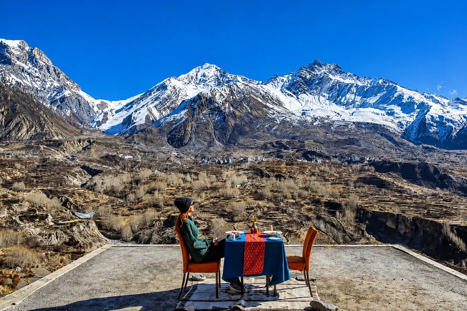 Exterior view of Shinta Mani Mustang, an award-winning luxury hotel in Nepal's Upper Mustang region.