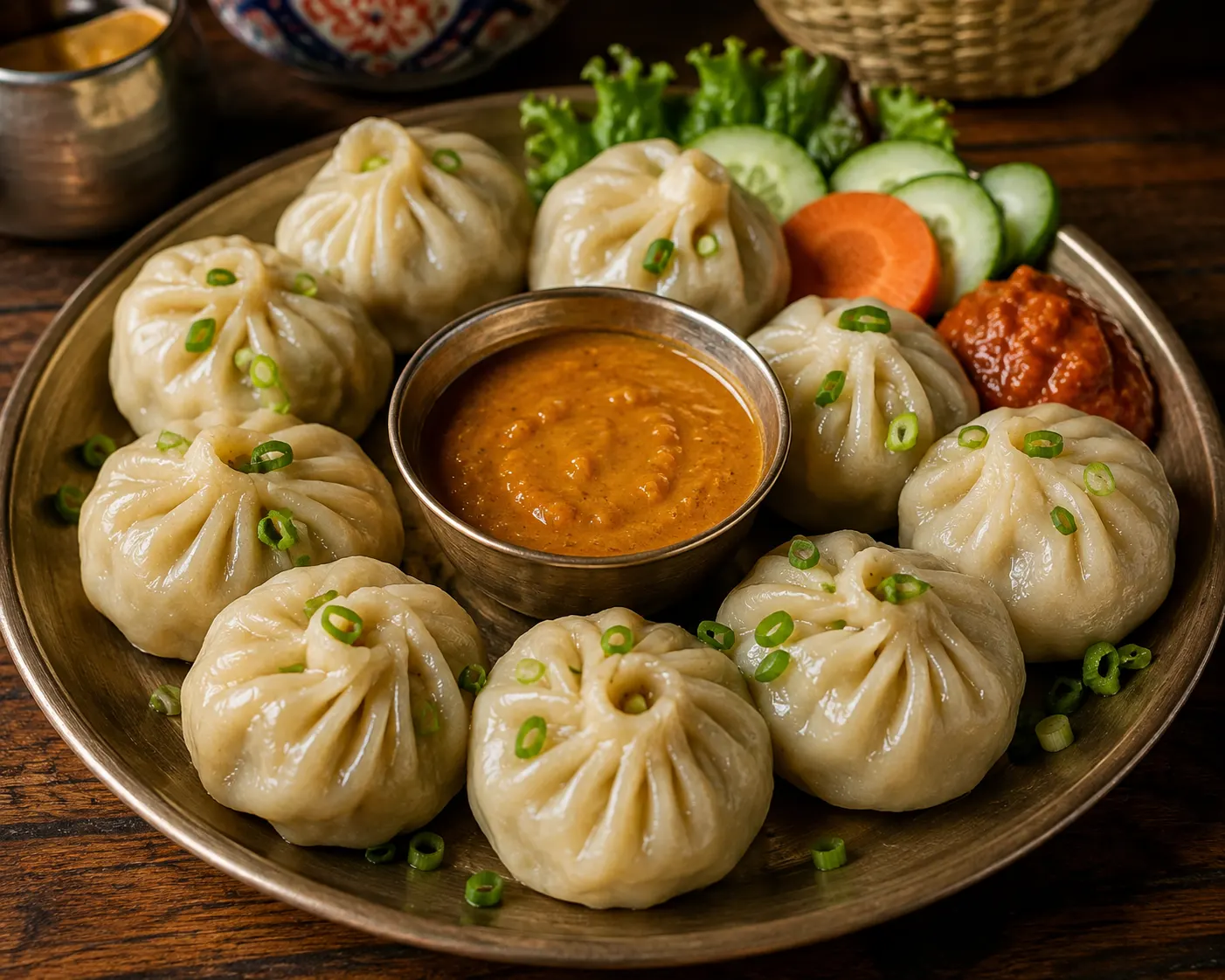 Traditional Nepali steamed momos served with spicy tomato chutney, a popular dumpling dish enjoyed across Nepal.