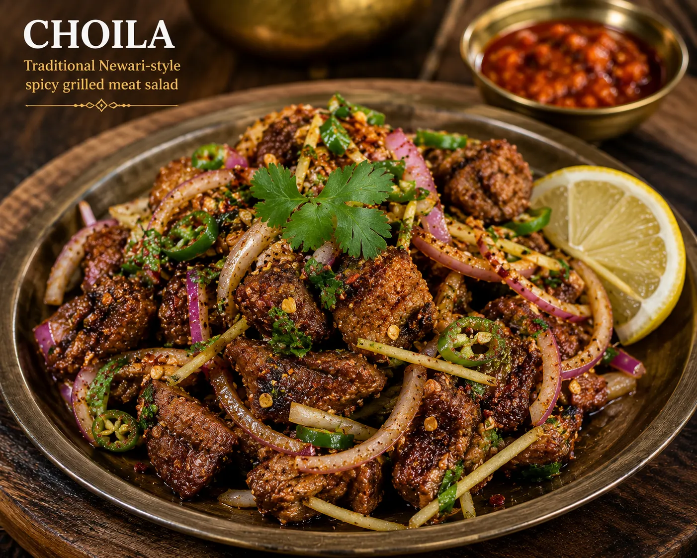 Traditional Newari choila made with grilled or smoked meat, seasoned with chili, spices, onion, garlic, and fresh herbs, served with local accompaniments.
